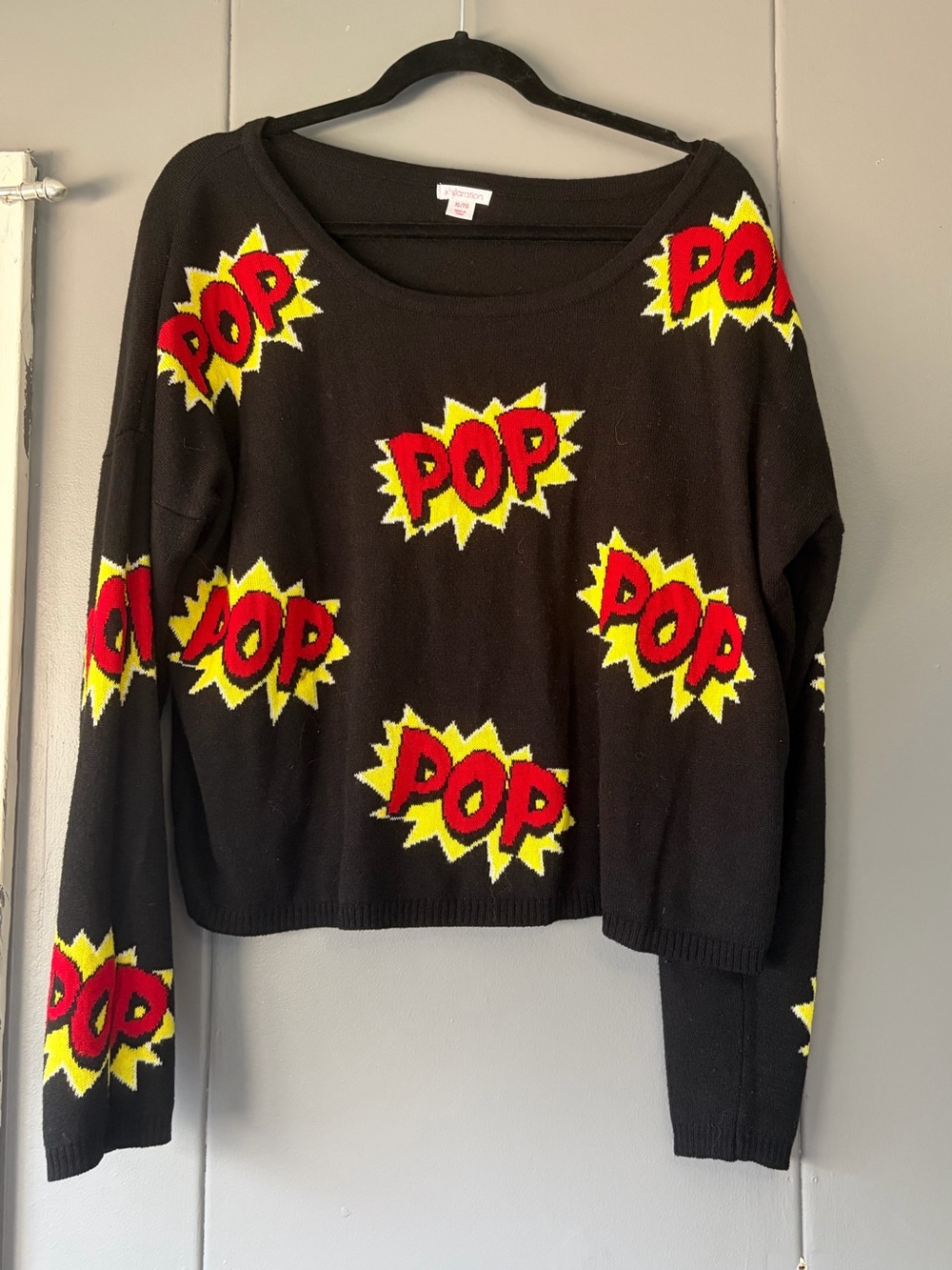 Xhilaration Black Crewneck Sweater with Red and Yellow 'POP' Graphics